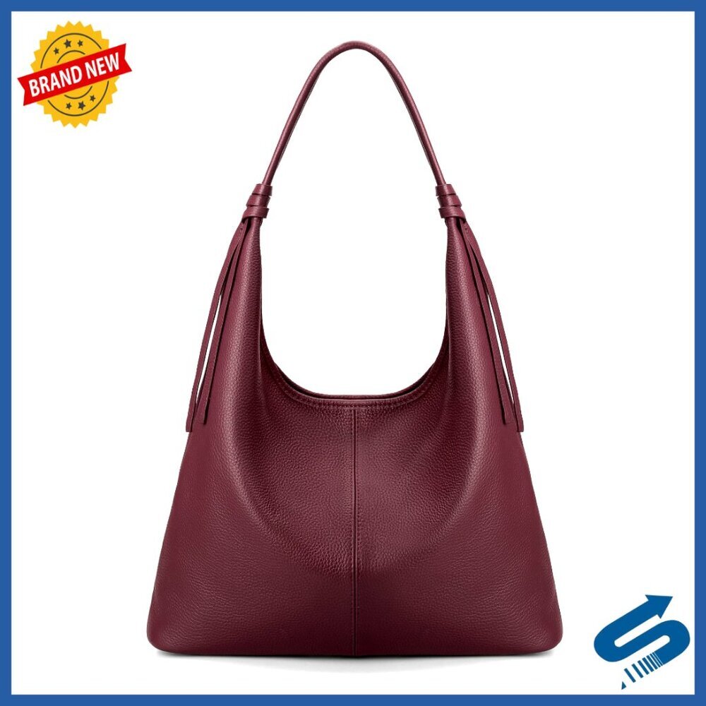 Genuine Leather Slouchy Hobo Tote Handbag with Tassel Ribbon Magnetic Closure